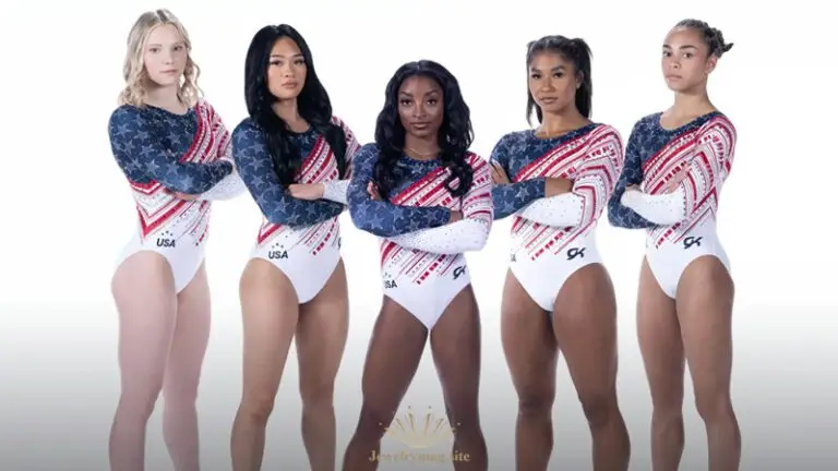 The U.S. women’s Olympic gymnastics team wearing leotards covered in almost 10000 swarovski crystals